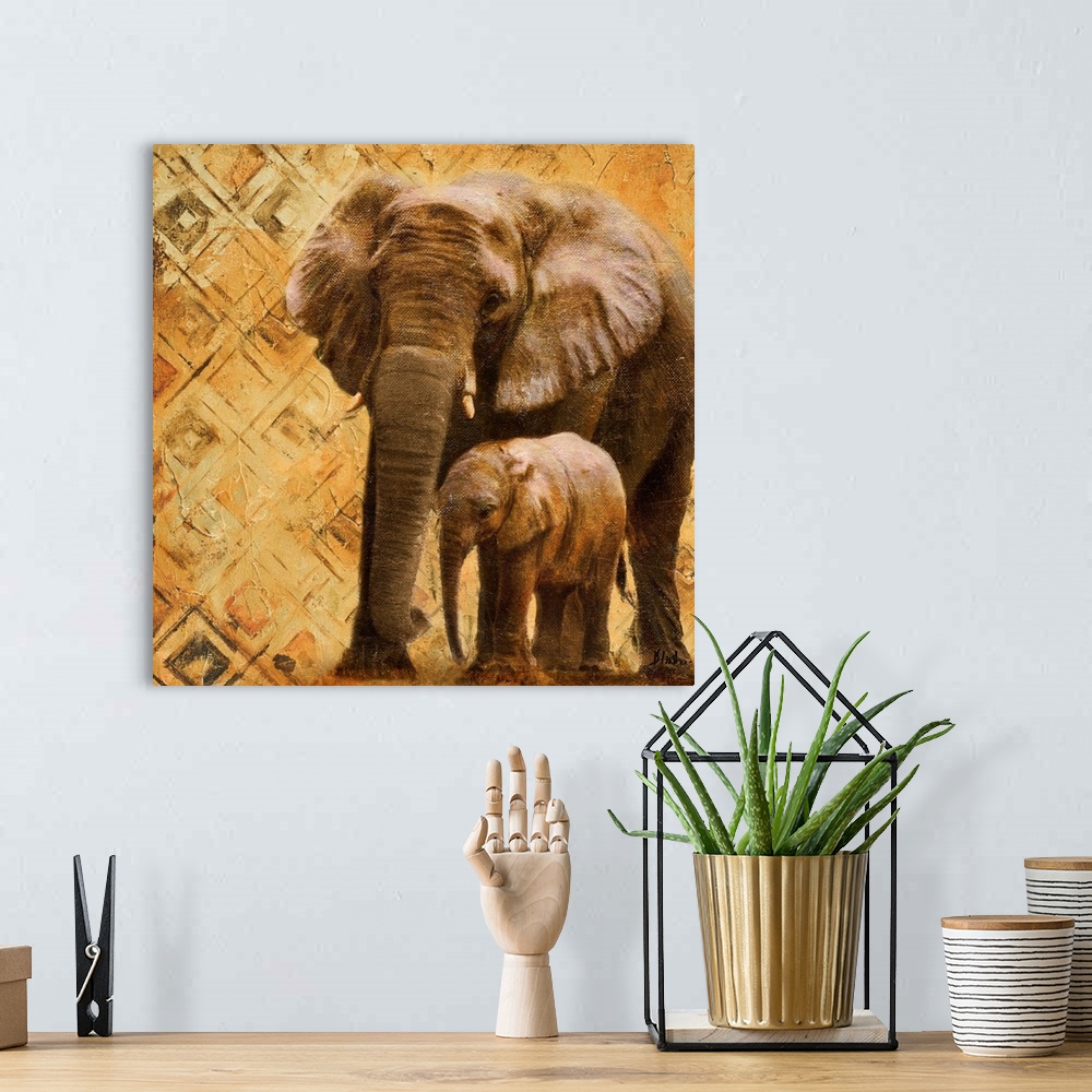 A bohemian room featuring A mother and baby elephant with a diamond patterned background.