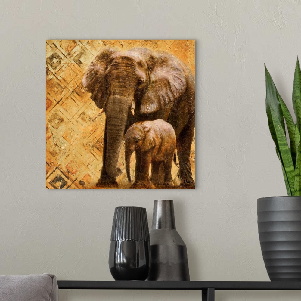 A modern room featuring A mother and baby elephant with a diamond patterned background.