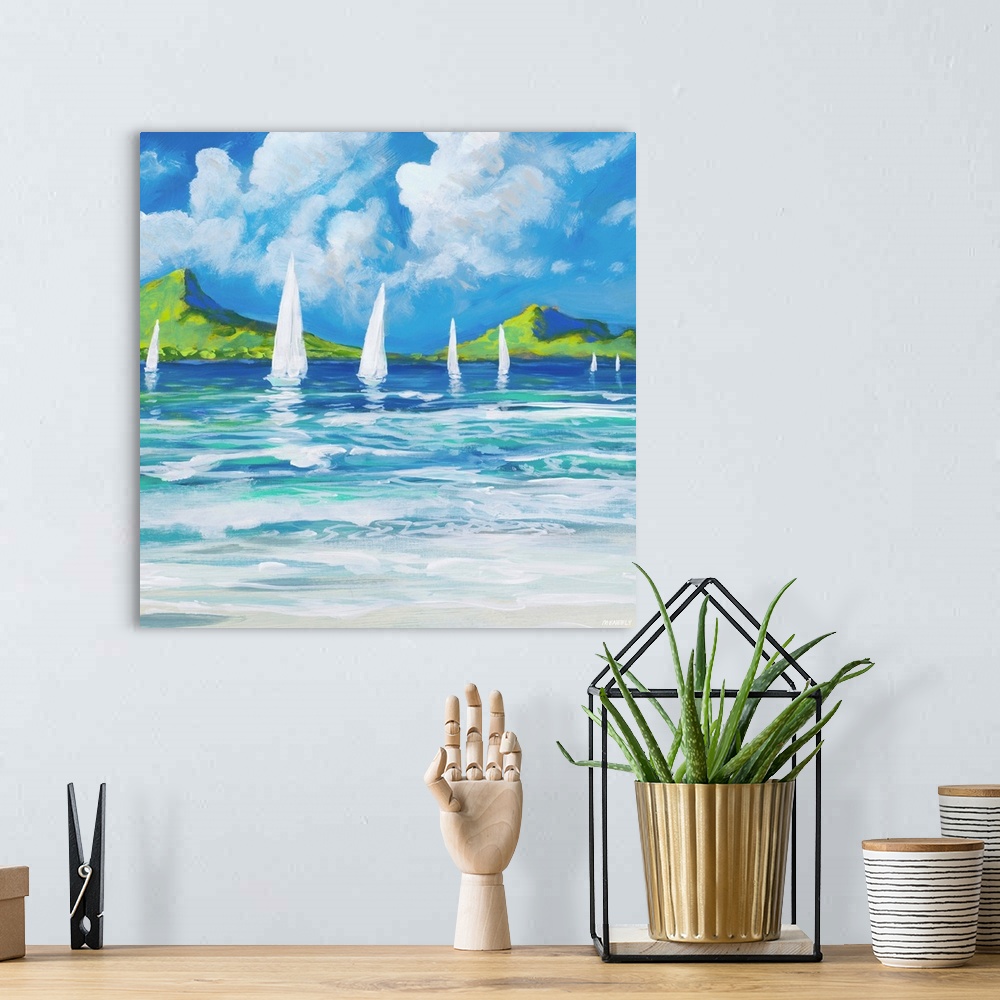 A bohemian room featuring Contemporary painting of white sailboats on the ocean, seen from the shore.