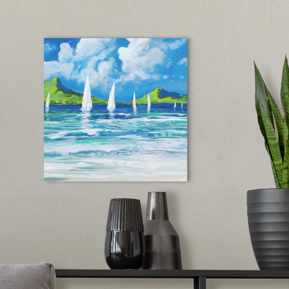 A modern room featuring Contemporary painting of white sailboats on the ocean, seen from the shore.