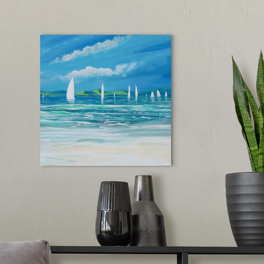 A modern room featuring Contemporary painting of white sailboats on the ocean, seen from the shore.