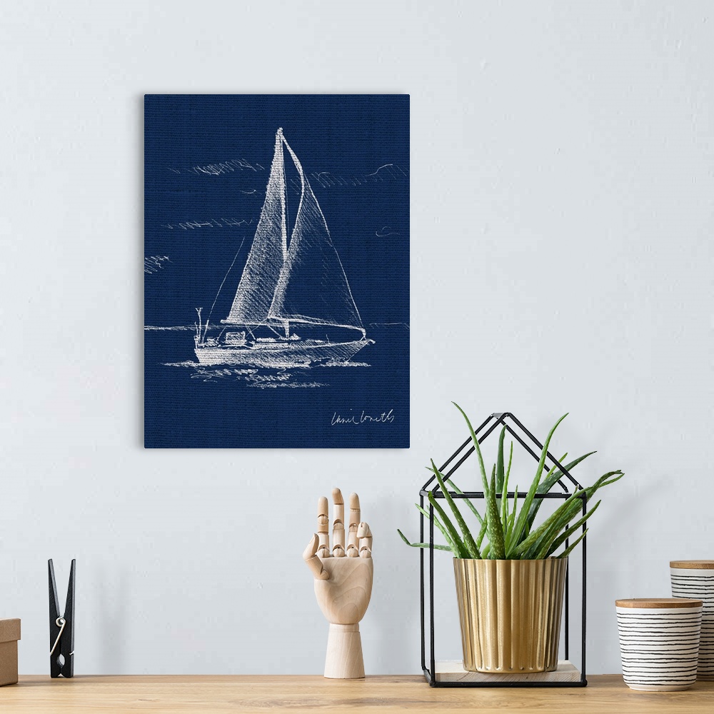A bohemian room featuring Sail Boat on Blue Burlap I