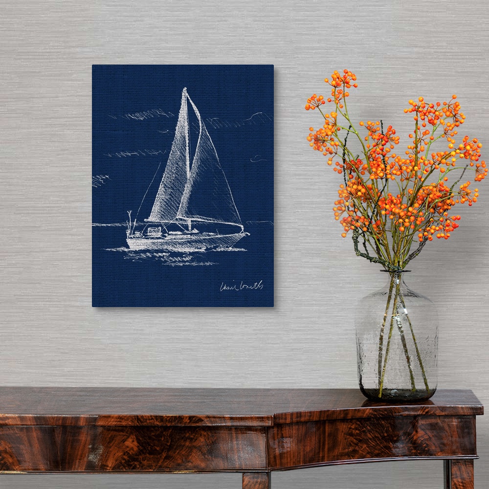 A traditional room featuring Sail Boat on Blue Burlap I