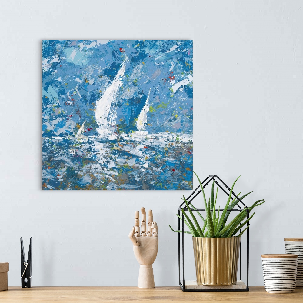 A bohemian room featuring Square, giant abstract painting of three sailboats in the water, beneath a blue sky.  Painted wit...