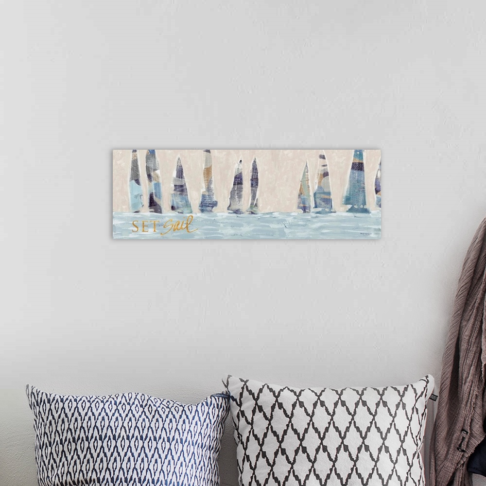 A bohemian room featuring A contemporary abstract painting of ten sailboats on the water with blue, muted tones and the phr...