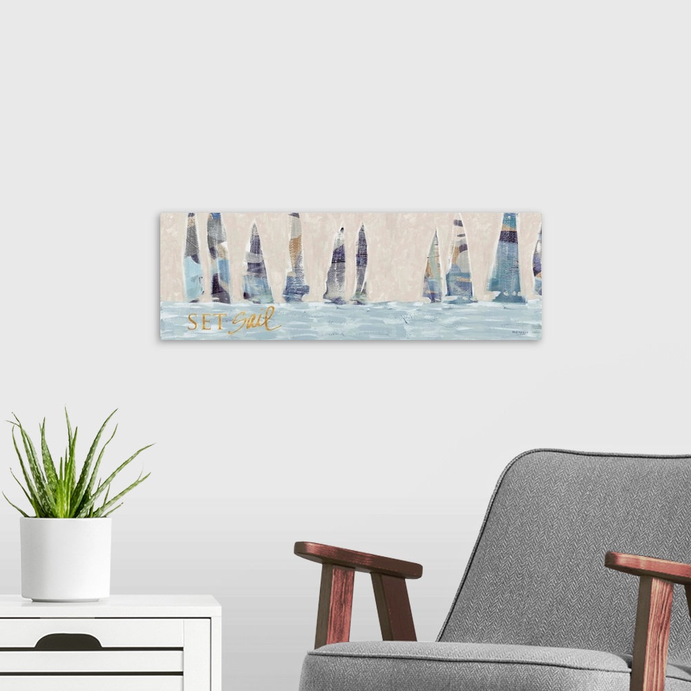 A modern room featuring A contemporary abstract painting of ten sailboats on the water with blue, muted tones and the phr...