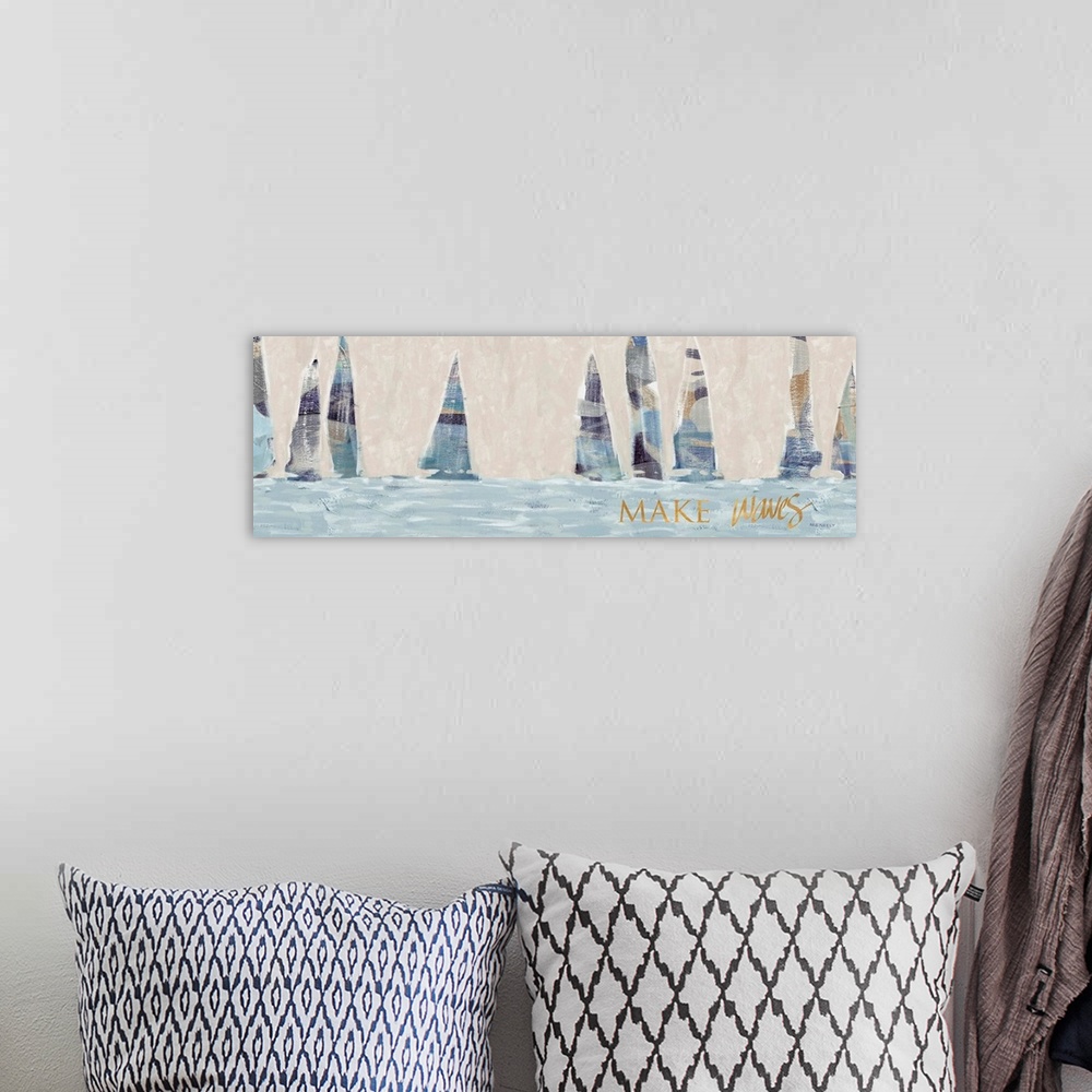 A bohemian room featuring A contemporary abstract painting of nine sailboats on the water with blue, muted tones and the ph...
