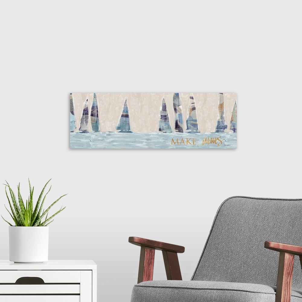 A modern room featuring A contemporary abstract painting of nine sailboats on the water with blue, muted tones and the ph...