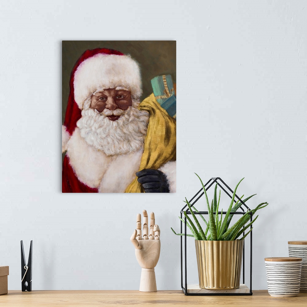 A bohemian room featuring Portrait of a smiling Santa Claus carrying a bag of presents.