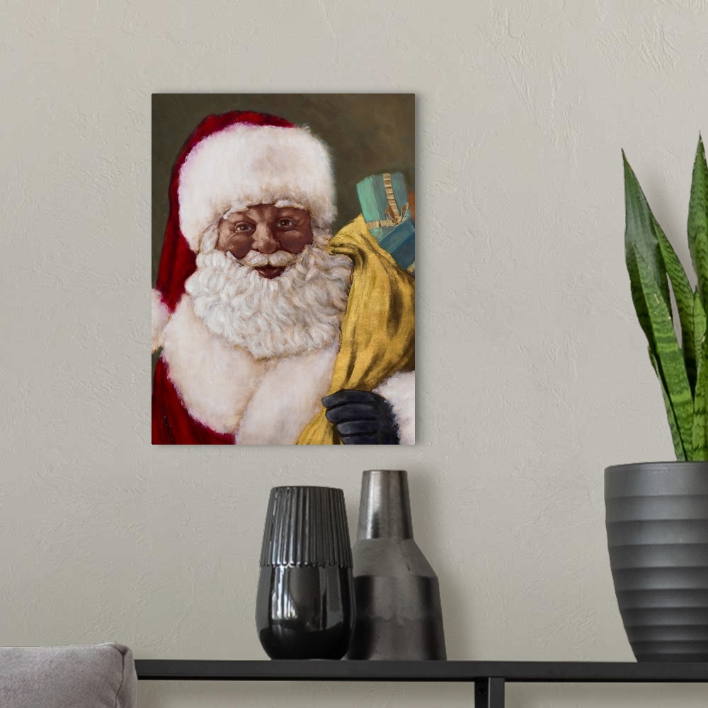 A modern room featuring Portrait of a smiling Santa Claus carrying a bag of presents.