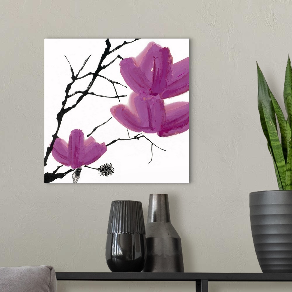 A modern room featuring Up-close painting of three flower blossoms on a set of tree branches.