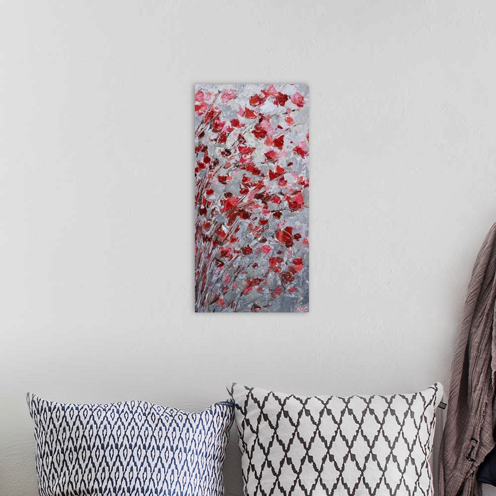 A bohemian room featuring Contemporary painting of little red flowers on thin branches resembling a cherry blossom tree.