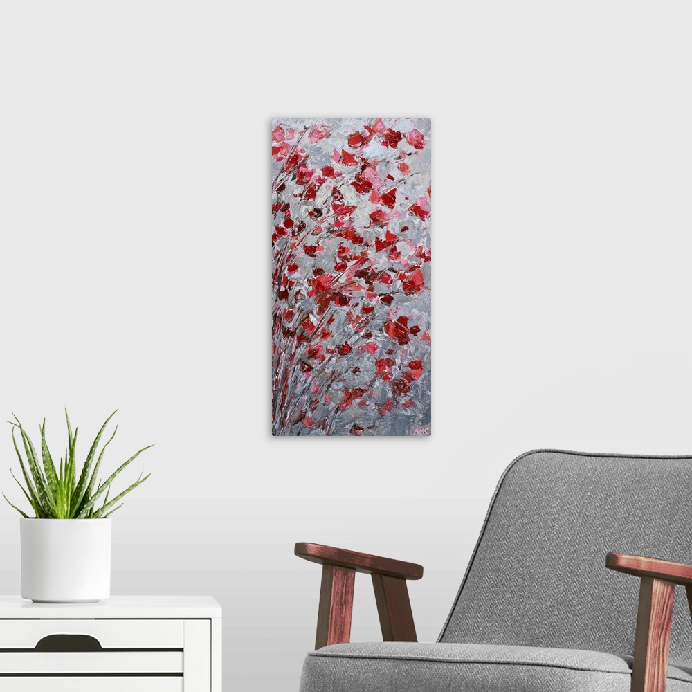 A modern room featuring Contemporary painting of little red flowers on thin branches resembling a cherry blossom tree.