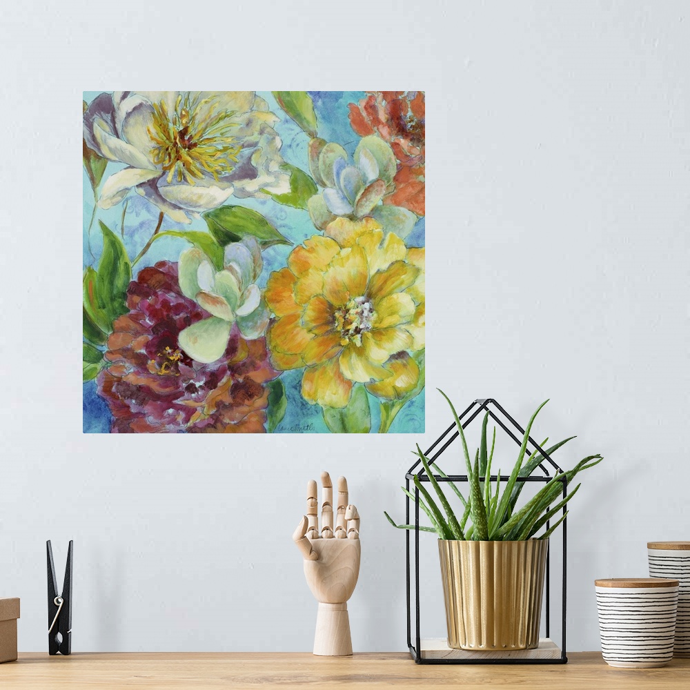 A bohemian room featuring Painting of several colorful flowers in a bouquet.
