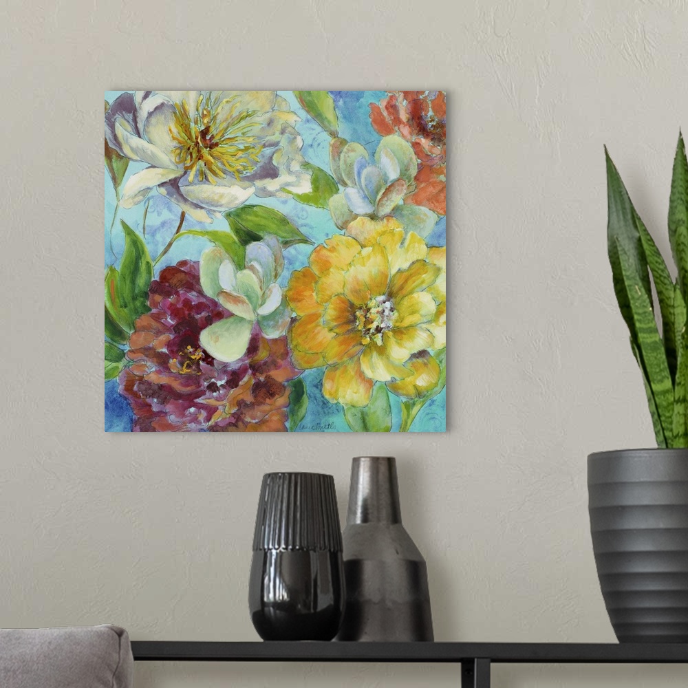 A modern room featuring Painting of several colorful flowers in a bouquet.