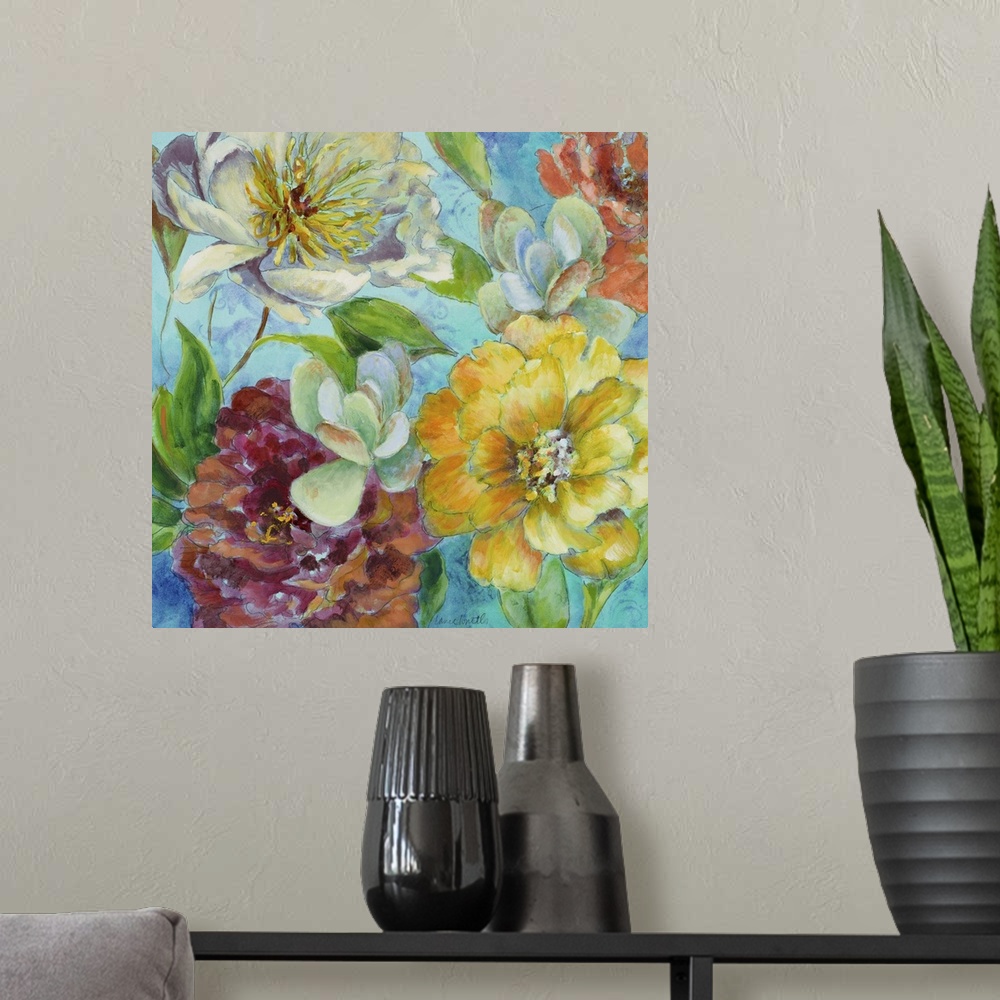 A modern room featuring Painting of several colorful flowers in a bouquet.