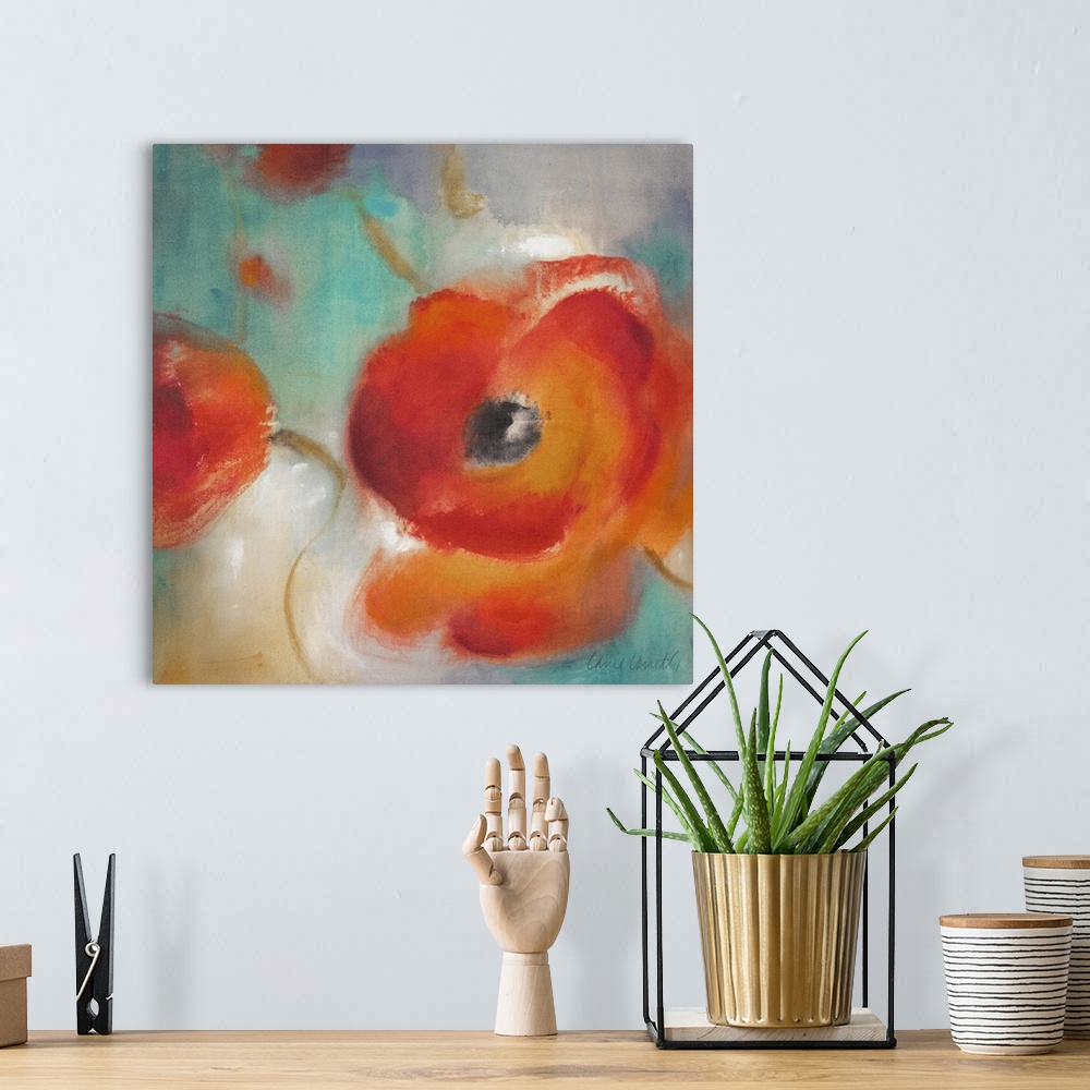 A bohemian room featuring Floral painting of a large blooming poppy flower on a blurred colorful background.