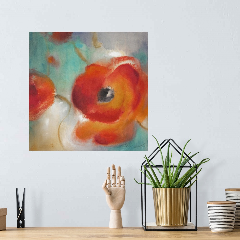 A bohemian room featuring Floral painting of a large blooming poppy flower on a blurred colorful background.