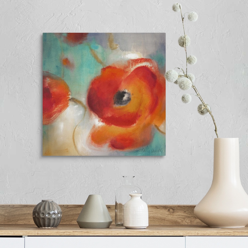 A farmhouse room featuring Floral painting of a large blooming poppy flower on a blurred colorful background.