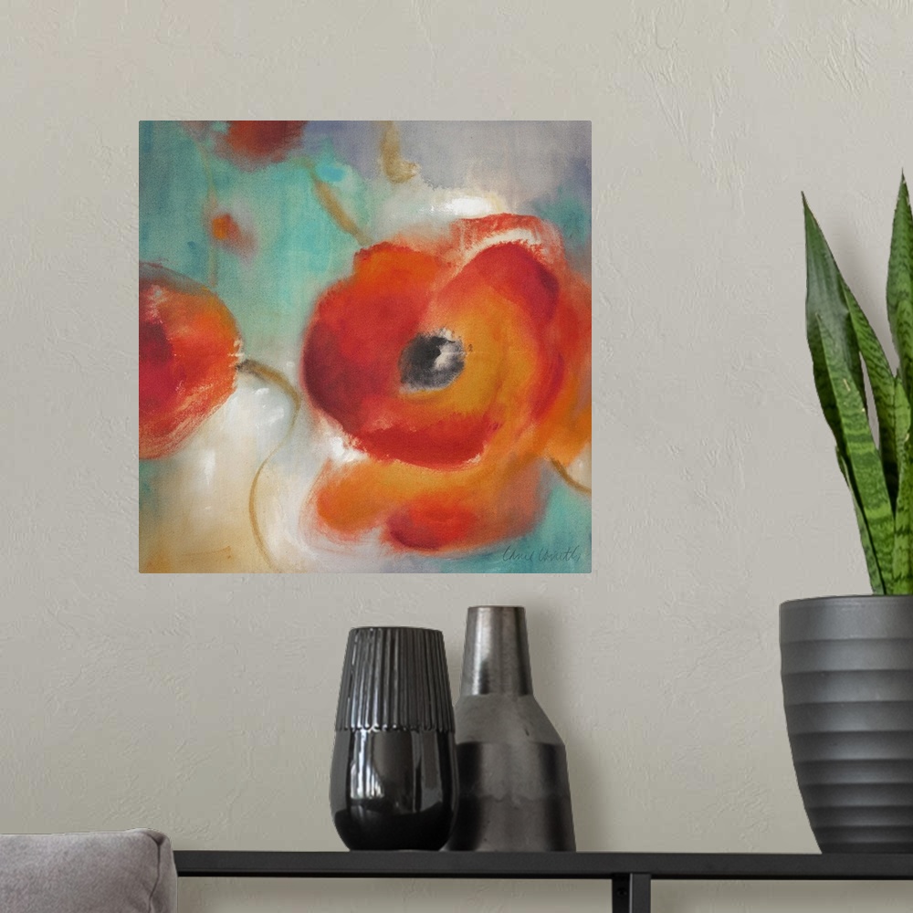 A modern room featuring Floral painting of a large blooming poppy flower on a blurred colorful background.