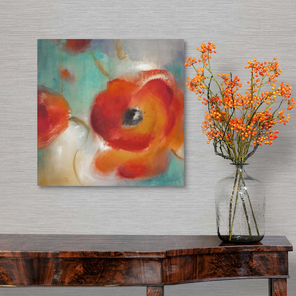 A traditional room featuring Floral painting of a large blooming poppy flower on a blurred colorful background.