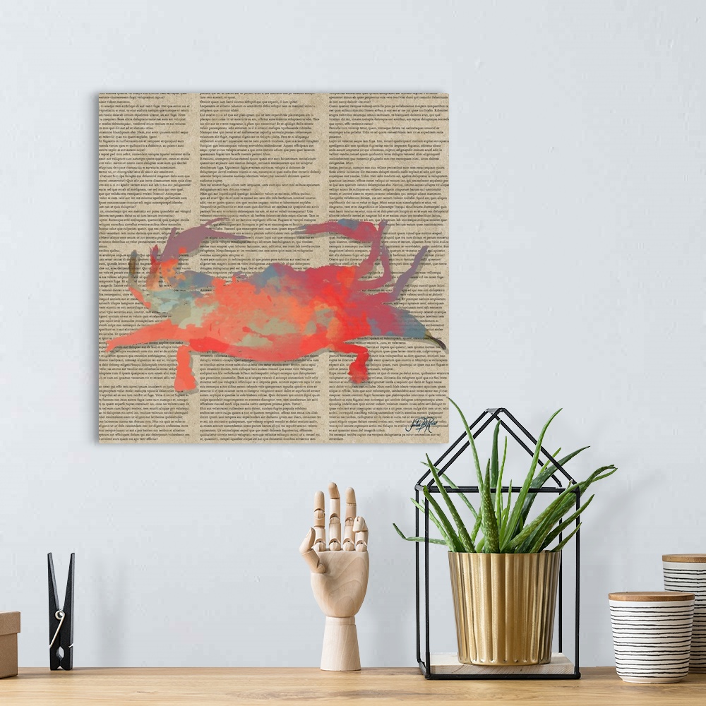 A bohemian room featuring Painting of a red abstract crab on vintage newspaper.