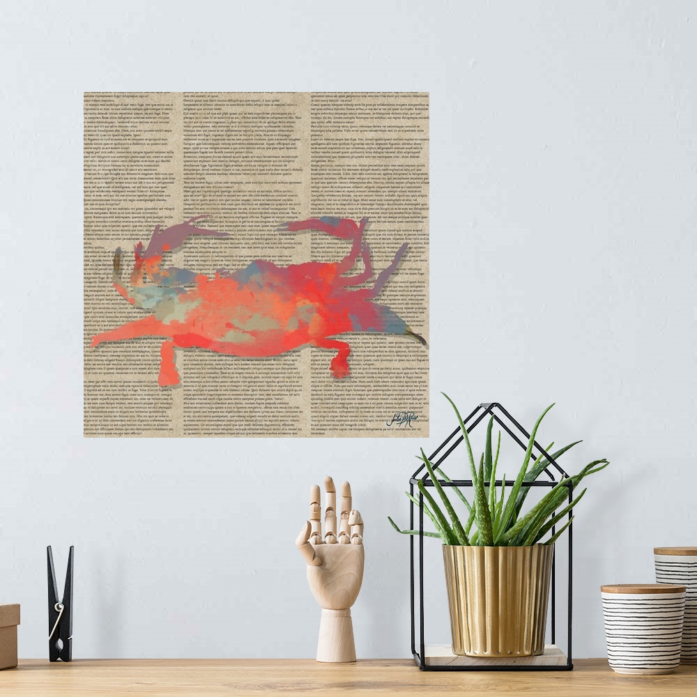A bohemian room featuring Painting of a red abstract crab on vintage newspaper.