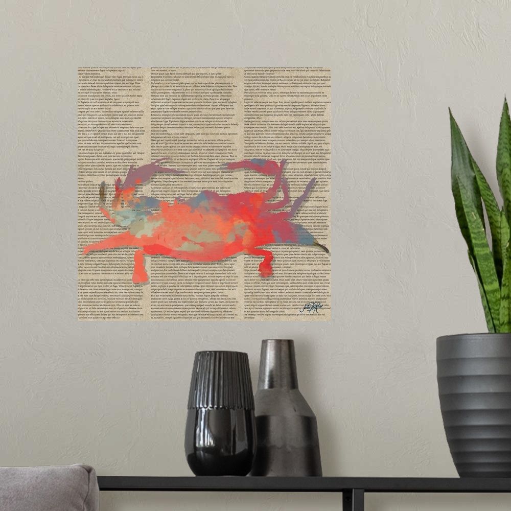 A modern room featuring Painting of a red abstract crab on vintage newspaper.