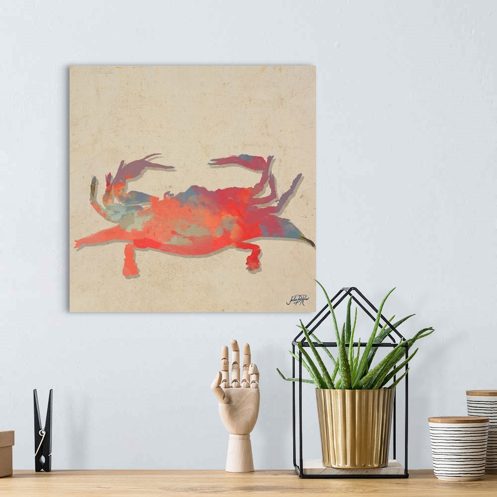 A bohemian room featuring Painting of a red abstract crab on a beige background.
