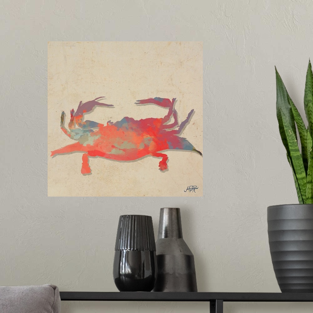 A modern room featuring Painting of a red abstract crab on a beige background.