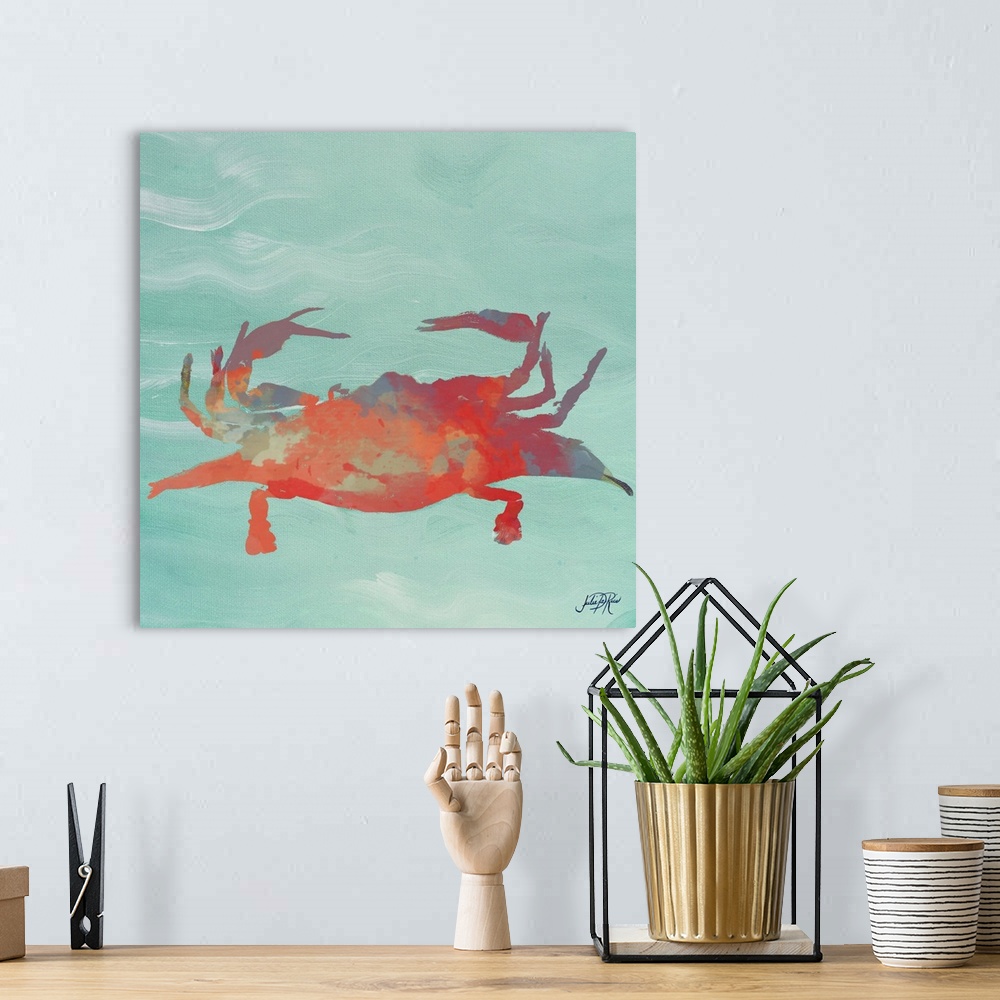 A bohemian room featuring Painting of a red abstract crab on a teal background.