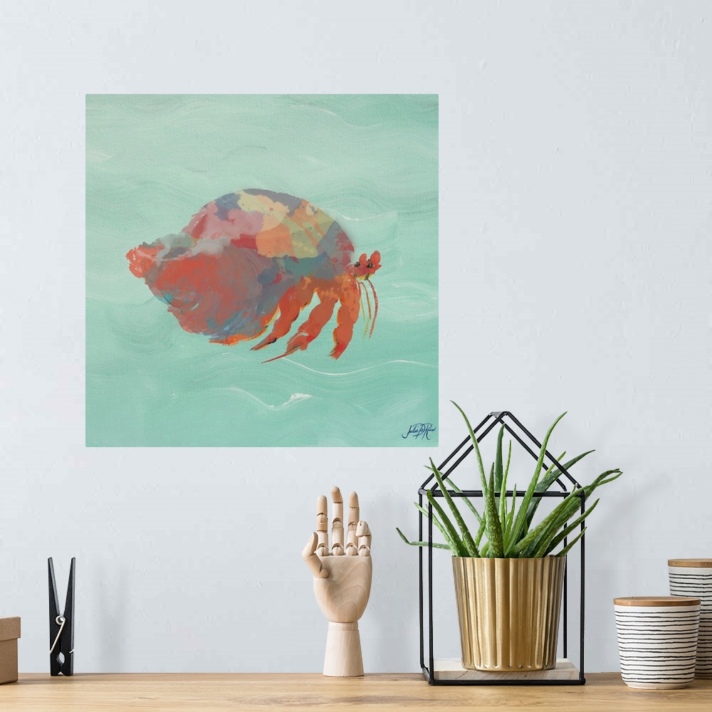 A bohemian room featuring Painting of a red abstract hermit crab on a teal background.