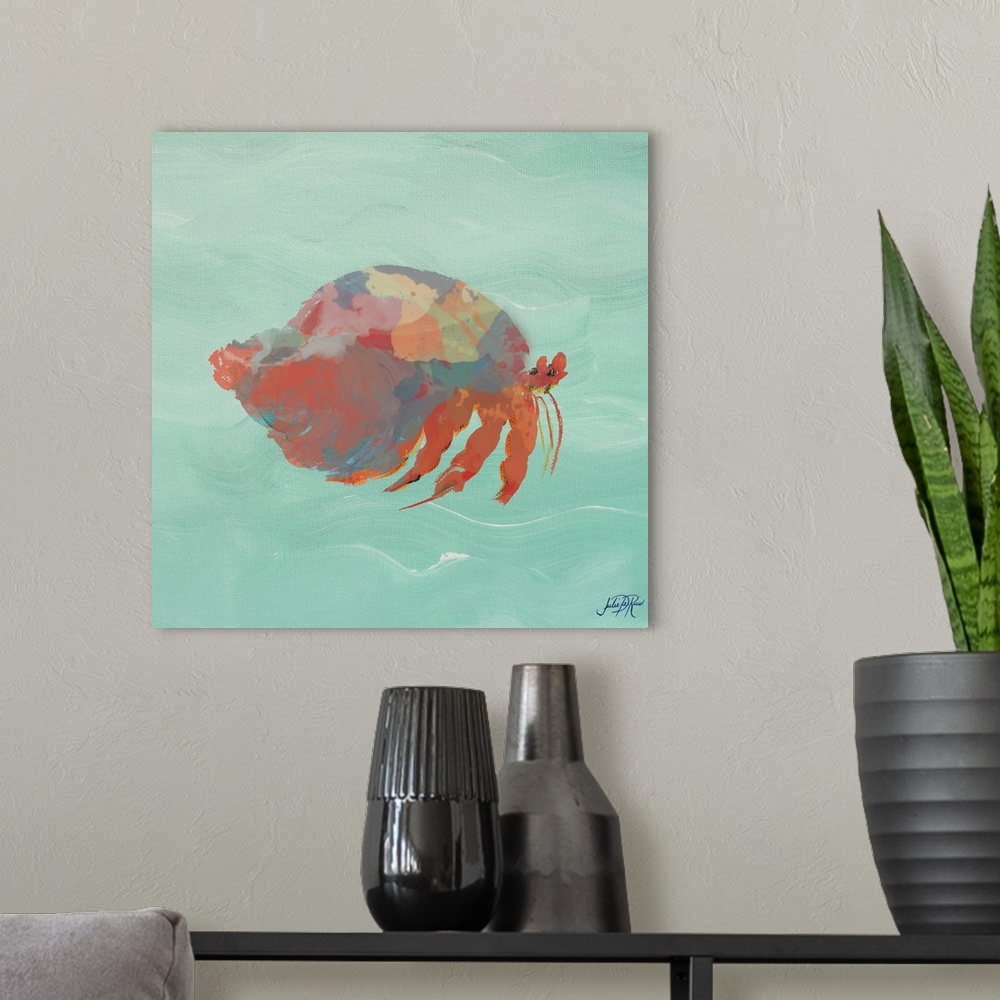 A modern room featuring Painting of a red abstract hermit crab on a teal background.