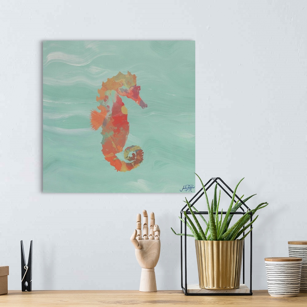 A bohemian room featuring Painting of a red abstract seahorse on a teal background.