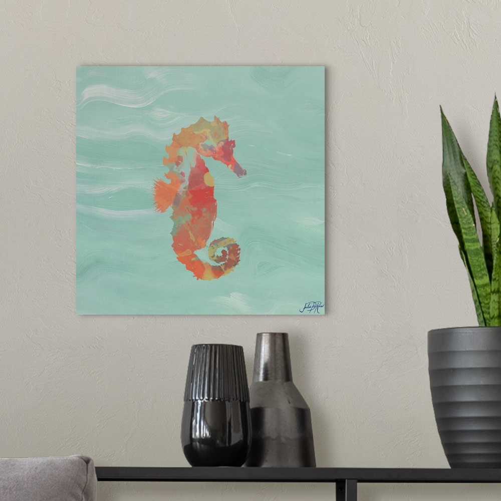 A modern room featuring Painting of a red abstract seahorse on a teal background.