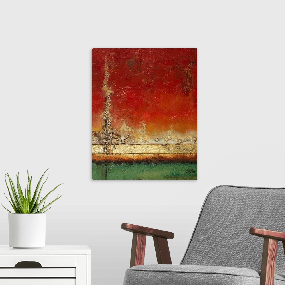 A modern room featuring A large abstract piece of artwork with a distressed red background and small pebbles at the botto...