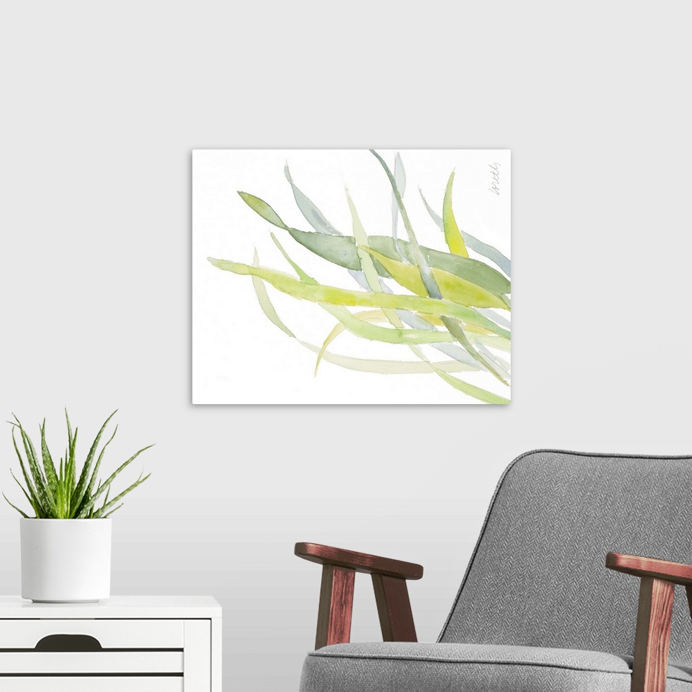 A modern room featuring Watercolor painting of underwater plants in soft green hues.