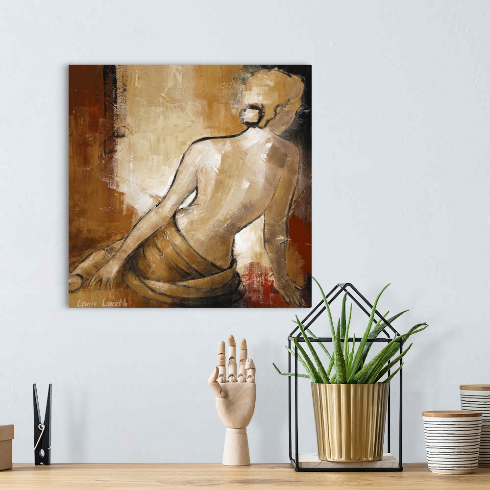 A bohemian room featuring Square, contemporary art on large canvas of the back of a topless woman sitting on the floor.   P...