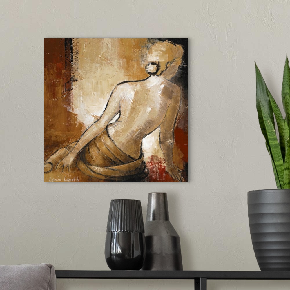 A modern room featuring Square, contemporary art on large canvas of the back of a topless woman sitting on the floor.   P...