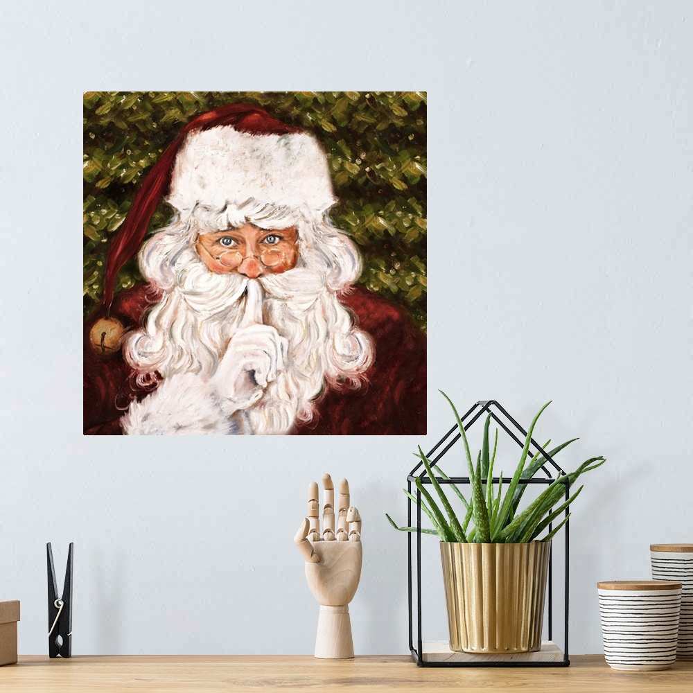 A bohemian room featuring Painting of Santa Claus in front of a Christmas tree.