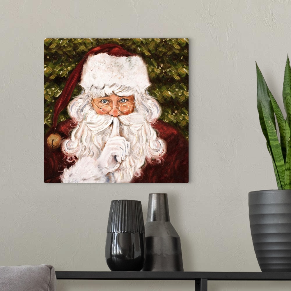 A modern room featuring Painting of Santa Claus in front of a Christmas tree.