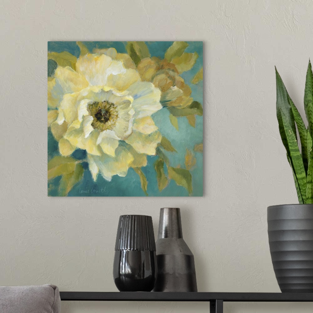 A modern room featuring Soft brush strokes of white and yellow create a peony against a teal background.