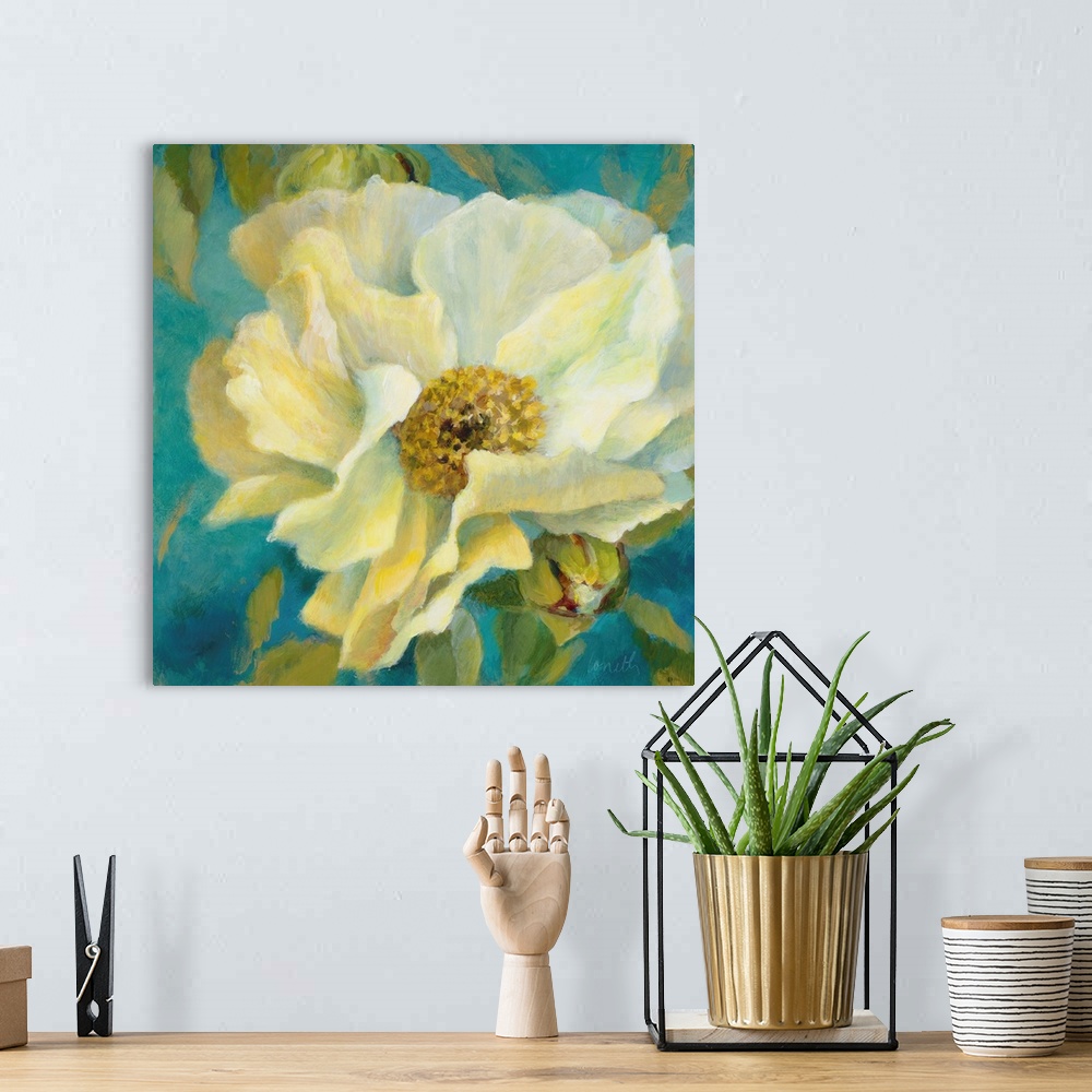 A bohemian room featuring Soft brush strokes of white and yellow create a peony against a teal background.