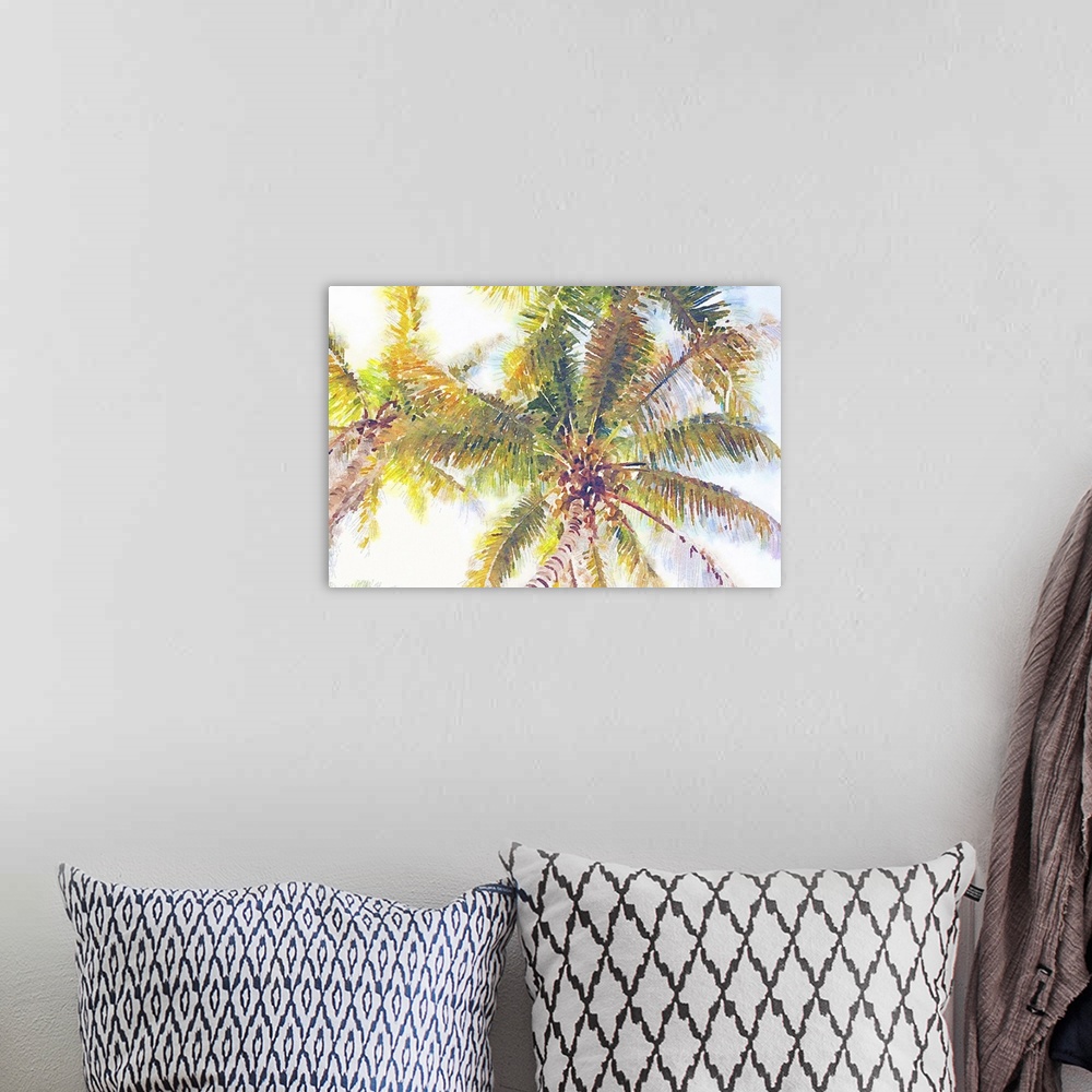 A bohemian room featuring Watercolor painting of tropical palm trees seen from below.