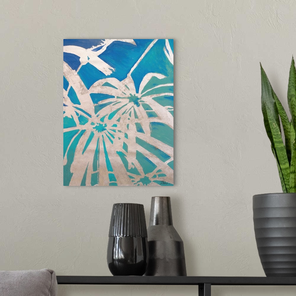 A modern room featuring Contemporary abstract painting of a tropical looking palm fronds in light gray silhouette against...