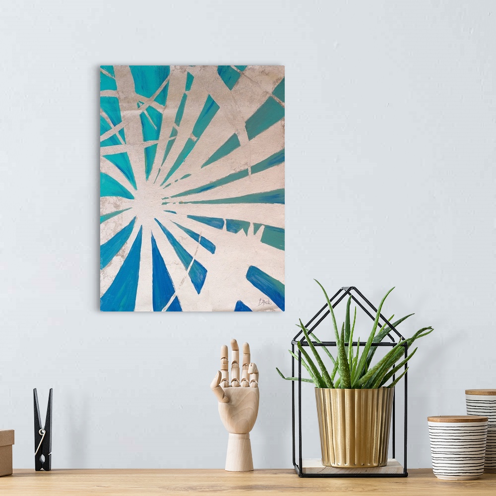 A bohemian room featuring Contemporary abstract painting of a tropical looking palm fronds in light gray silhouette against...