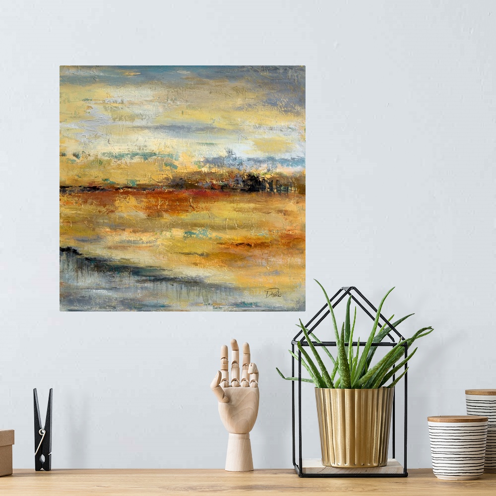A bohemian room featuring Contemporary artwork of a river crossing through an orange landscape.