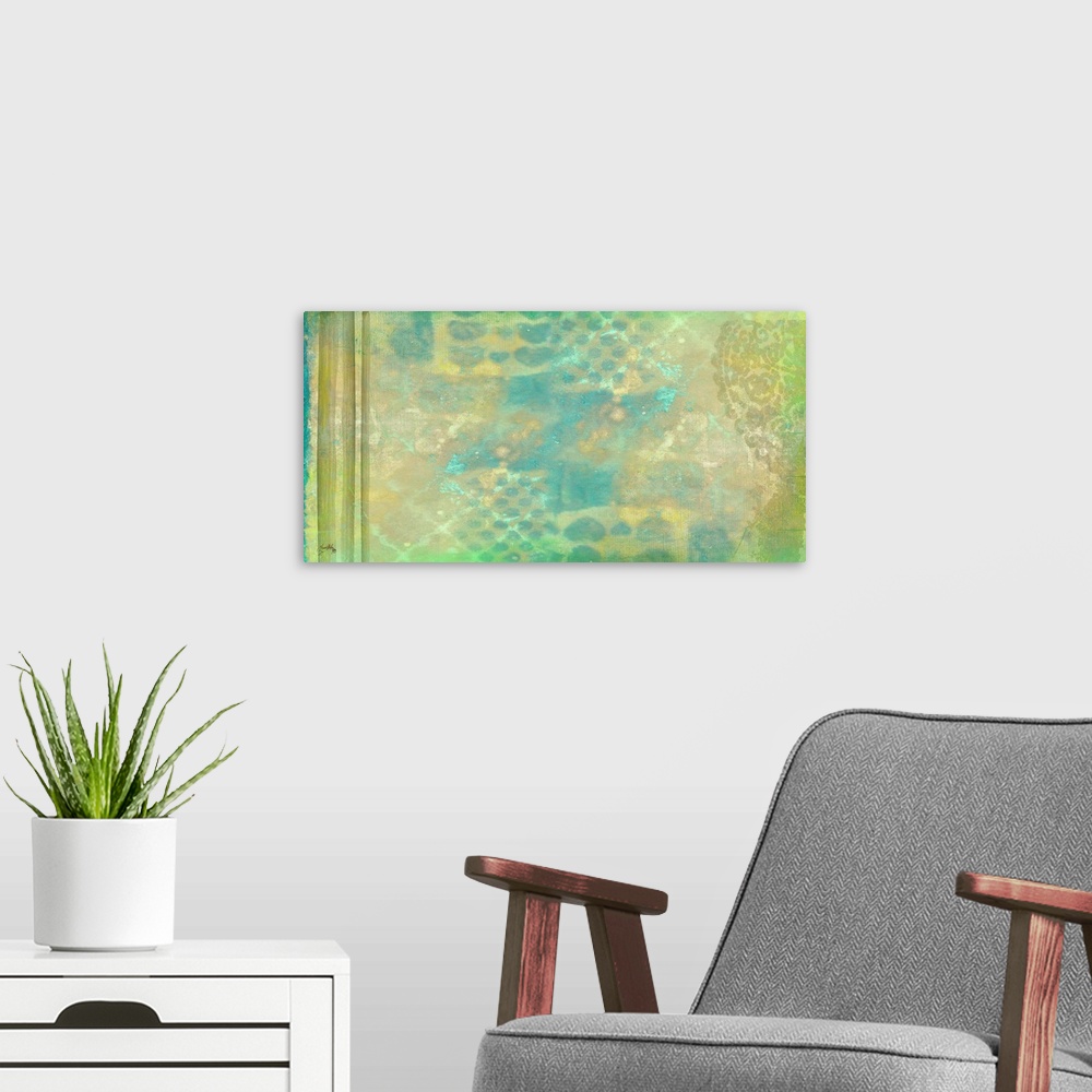 A modern room featuring Wide watercolor painting with green, yellow, and blue hues creating random designs in the backgro...