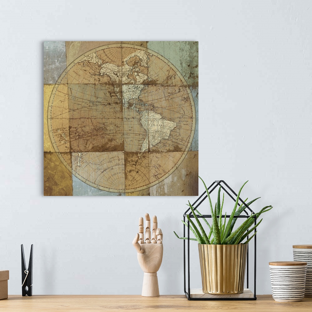 A bohemian room featuring Mixed media artwork with the image of a globe with continents, gridlines, and longitude and latit...