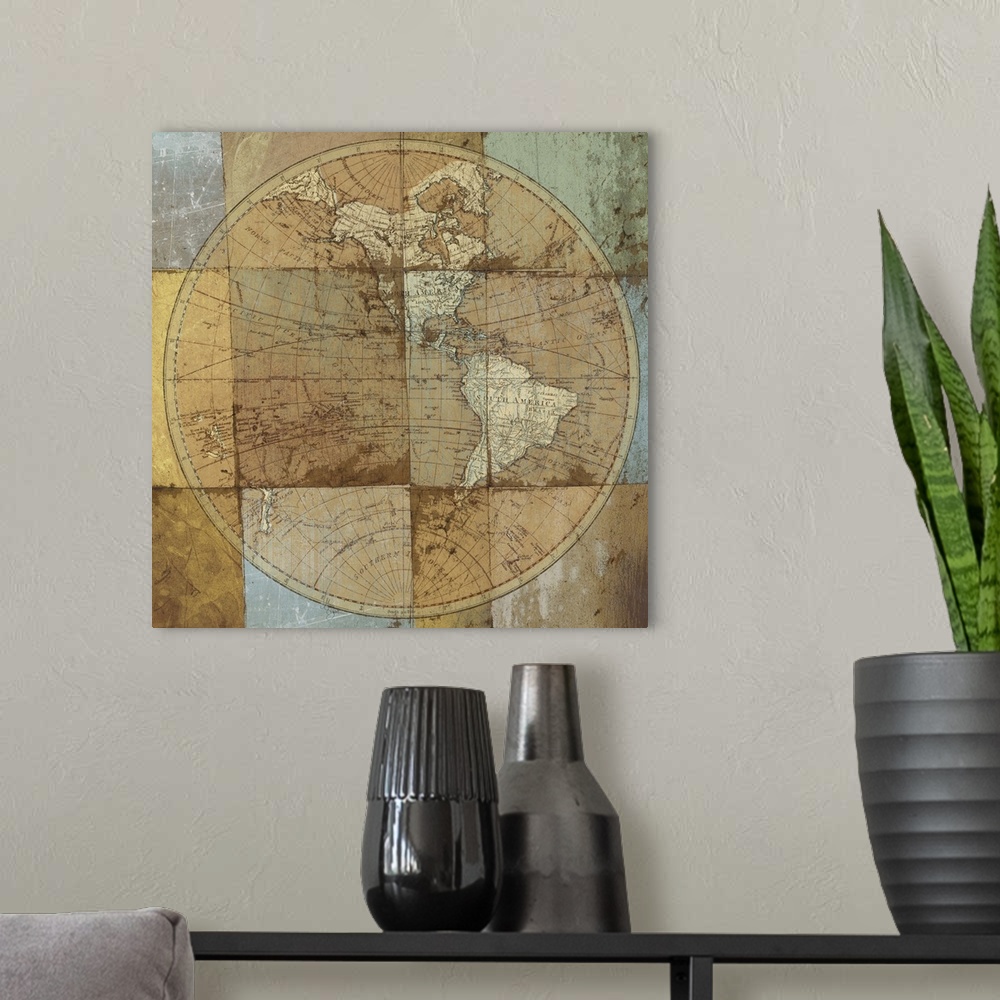 A modern room featuring Mixed media artwork with the image of a globe with continents, gridlines, and longitude and latit...